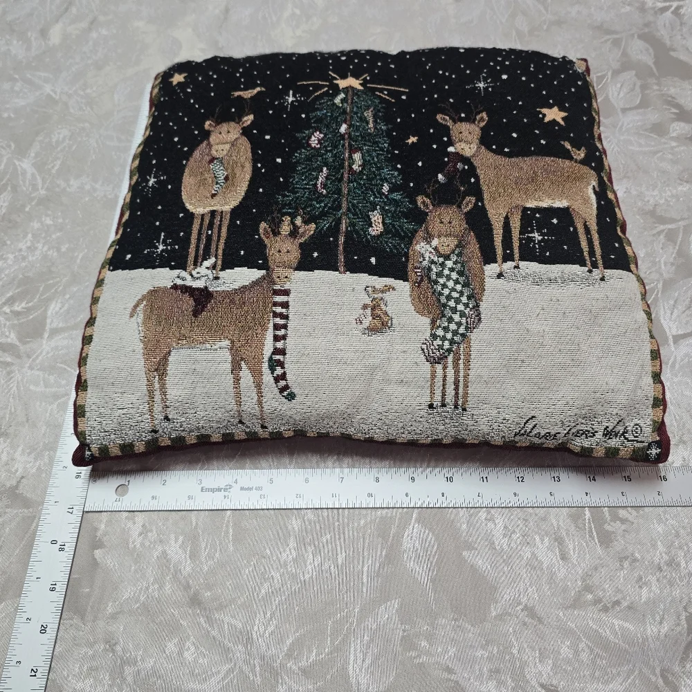 Vintage Christmas Tapestry Pillow Valerie Evers Wenk Reindeer 16x16 Embroidered